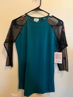 LuLaRoe Teal Knit Top with Black Floral Sheer Sleeves